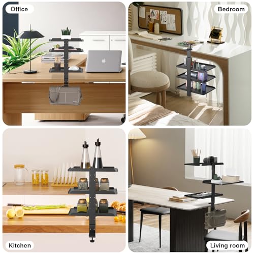 3 Tier Clamp On Desk Shelf, No Drill Desk Extension Shelving Unit with Adjustable Metal Trays & Headphone Stand Above or Under Desk Storage, Heavy Duty Desktop Storage Rack for Home Office