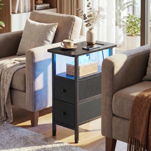 LOAKEKEL Narrow Nightstand with Charging Station, End Tables Living Room | Set of 2, Skinny Side Table with 2 Fabric Drawers, Small Sofa Table with LED Light for Bedroom, Black - color: Black, style: Power + Light