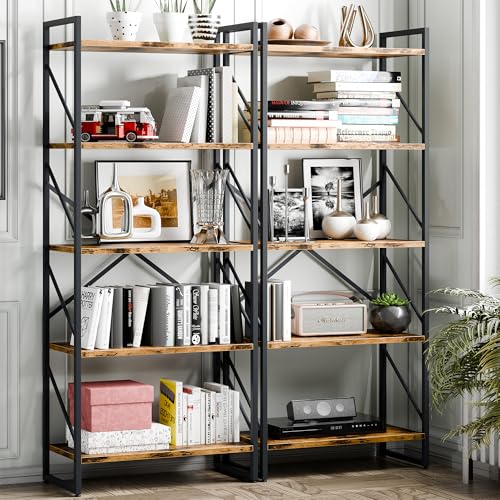 Vongrasig 5 Tier Bookshelf, Modern Industrial Bookcase with Metal Frame | 62” Tall Display Shelf, Free Standing Storage Organizer for Home Office, Living Room, Bedroom, Rustic Brown - color: Rustic Brown