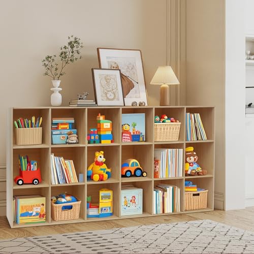 18 Cube Solid Wood Bookcase, Wooden Bookshelf Modern Floor Standing Storage Shelf for Living Room Bedroom Office, 11.8 * 11.8 * 11.8in Cubes with 220lbs Capacity, Easy Assembly - size: 18 Cube