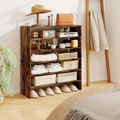 COSTWAY 6-Tier Shoe Rack, Extra Wide Shoe Shelf Organizer with Stackable Design, 31" Freestanding Adjustable Storage Shoe Stand for Small Space Entryway Hallway Closet (1,Rustic Brown) - color: Rustic Brown