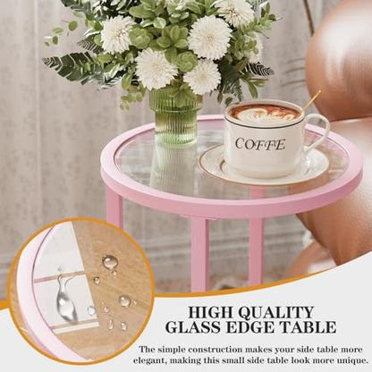C Table Side End Table,Glass Couch Table Set of 2, Round Sofa End Table with Metal Frame, Small Snack Table for Living Room, Bedroom, Small Spaces, Easy Assembly (Pink,2pcs) - color: Pink