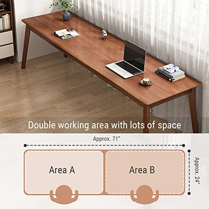 NELYE Mid-Century Long Desk Table, 71" W x 24" D, Walnut | Simple Modern Wood Table, Extra Long 2-Person Computer Workstation for Home Office Work, Holds 200 Lbs - size: 71"W24"D