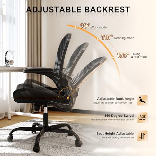 Office Chair, Ergonomic Desk Chairs 330LBS Capacity High Back Mesh Computer Chair with Flip-up Armrests, Comfy Work Chair with Adjustable Lumbar Support, Rolling Chair - color: Black