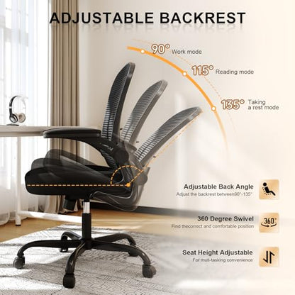 Office Chair, Ergonomic Desk Chairs 330LBS Capacity High Back Mesh Computer Chair with Flip-up Armrests, Comfy Work Chair with Adjustable Lumbar Support, Rolling Chair - color: Black