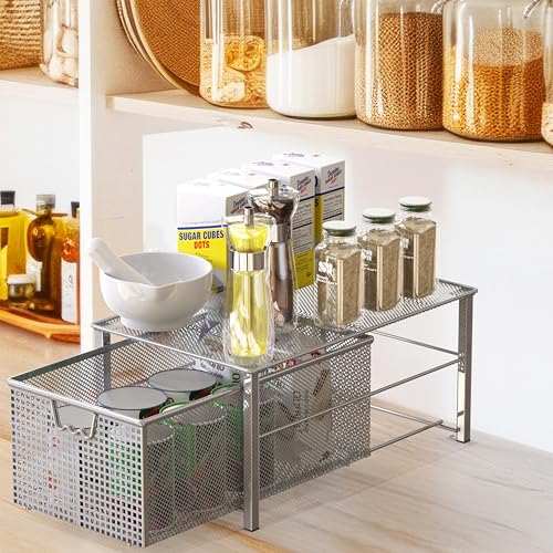 Deco Brothers Stackable Pull Out Cabinet Sliding Basket with Divider, Large | Under Sink Organizer, Silver - color: Silver