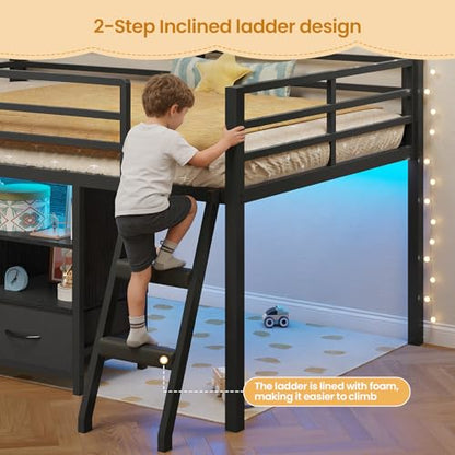 BTHFST Low Loft Bed Twin Size with 3 Storage Drawers, 3-Tier Kids Bookshelf, 5 Open Cubbies and 2 LED Lights Strips, Metal Kids Loft Bed with High Safety Guardrail, Inclined Ladder and Play Area - color: Black