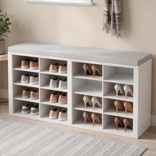 AMONIDA Shoe Storage Bench with Cushion, Entryway Bench with 16 Cubbies, 4-Tier Organizer Bench with Removable Dividers for Hallway Living Room - color: White + Light Grey
