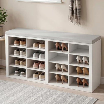 AMONIDA Shoe Storage Bench with Cushion, Entryway Bench with 16 Cubbies, 4-Tier Organizer Bench with Removable Dividers for Hallway Living Room - color: White + Light Grey