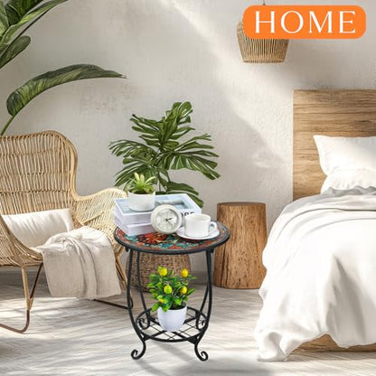 Cinnvoice Outdoor Side Table Round Small Mosaic Patio Accent Indoor End Plant Coffee Tea Table for Yard Patio Porch Garden Living Room, Bedroom(Butterfly B Style,16 Inch) - size: 16 Inch, style: Butterfly B Style
