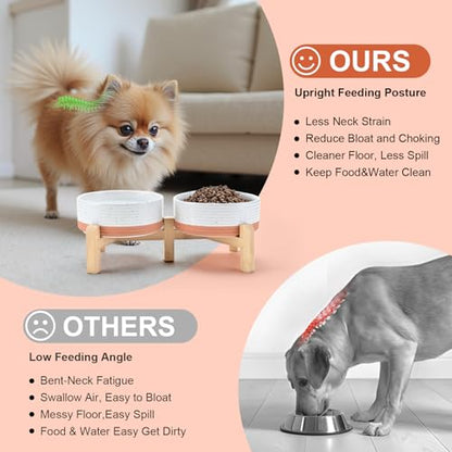 SPUNKYJUNKY Elevated Dog Bowls Ceramic, 5.1'' Dogs and Cat Food Water Bowls Raised with Non-Slip Bamboo Stand for Puppy Small Sized Breed Microwave Dishwasher Safe - 13.5 OZ,Pattern White - color: Pattern White, size: 5.1 in - 1.7 cups