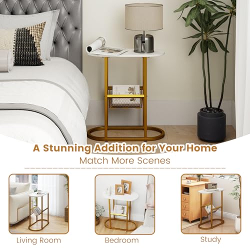 Tangkula Oval Narrow Side Table, 2-Tier End Table with Mesh Magazine Rack, Steel Frame, Industrial Nightstand, Compact Sofa Bedside Table for Living Room Bedroom, White & Gold - color: White & Gold