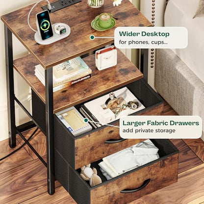 Huuger Night Stand with Charger Station and LED Lights, 2 Drawer Nightstand, Bed Side Table with Open Shelf, End Table, Fabric Dresser for Bedroom, Rustic Brown - color: Rustic Brown, size: 11.8"D x 15.7"W x 23.6"H（2 Drawers）