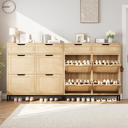 Jocoevol Rattan Shoe Cabinet for Entryway, Boho Shoe Storage Cabinet with 4 Flip Drawers and 2 Drawers, Narrow Freestanding Shoe Rack with Metal Legs for Entryway/Hallway/Foyer (Natural) - color: Natural