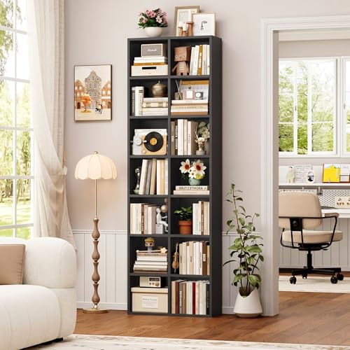 FOTOSOK 71'' Tall Bookshelf with 14 Cubes, 7 Tier Double Wide Black Bookshelf with 6 Adjustable Shelves, 19.6" Narrow Bookcase DVD/CD Media Storage, Space Saving Display Shelf Cabinet, Black - color: Black