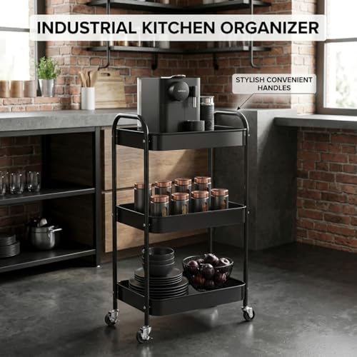 3-Tier Rolling Utility Cart with Ergonomic Handles and Mesh Bottom - Metal Storage Organizer Mobile Shelf Unit on Wheels for Kitchen, Bathroom, Office, Pantry, and Nursery, Black