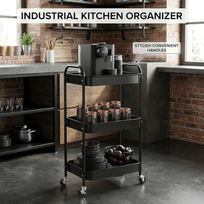 3-Tier Rolling Utility Cart with Ergonomic Handles and Mesh Bottom - Metal Storage Organizer Mobile Shelf Unit on Wheels for Kitchen, Bathroom, Office, Pantry, and Nursery, Black