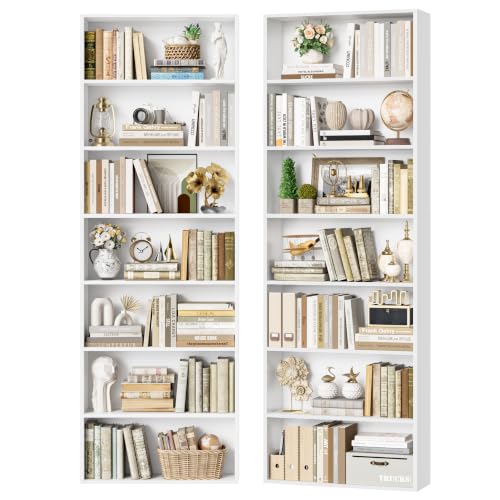 82" Tall Bookshelf Set of 2, 7-Tier Double Open Shelves Bookcase | Extra Tall Bookcase with Storage, Freestanding Bookshelves, Narrow Bookshelf Home Decor Furniture for Office, Living Room - color: White