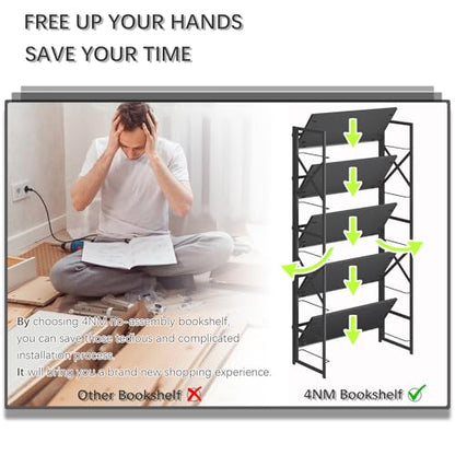 4NM 5 Tiers No Assembly Book Shelves, 51.2" H Folding Bookshelf Bookcase Open Industrial Foldable Shelves for Bedroom, Living Room, Home Office - All Black - color: All Black, size: XX 5-Tier