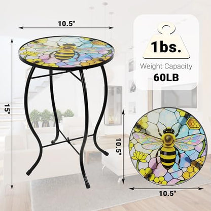 Small Side Table with Metal Frame, 10.5" Round Side Tables with Bee Pattern,Outdoor Table for Balcony,Terrace,Garden,Living Room - color: Bee