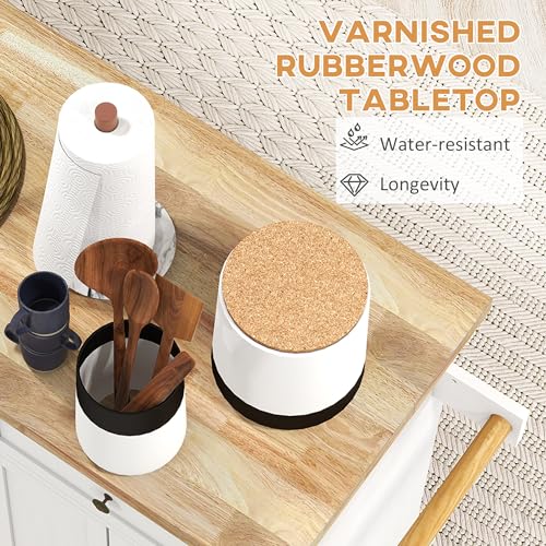 HOMCOM Kitchen Island Cart with Solid Wood Top 44" Mobile Distressed White | Kitchen Island Table, on Wheels, Storage Cabinets, 2 Drawers, Adjustable Shelves, Spice Rack & Towel Bar, for Dining Room - color: Distressed White