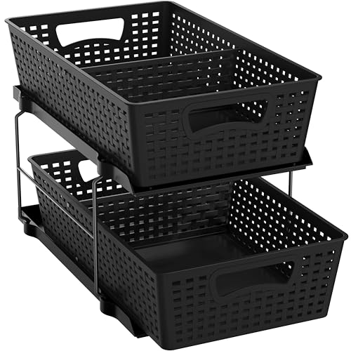 Simple Houseware 2 Tier Bathroom Organizer Tray Pull-Out Sliding Drawer, Under Sink Storage, Black - color: Black