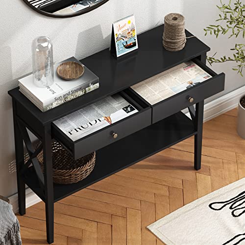 ChooChoo Console Table with Drawers, Narrow Wood Accent Sofa Table Entryway Table with Storage Shelf for Entryway, Front Hall, Hallway, Living Room, Black | 11.8"D x 39.4"W x 31.5"H, Console Table, Narrow Wood Accent Sofa Table for Entryway, Front Hall, H