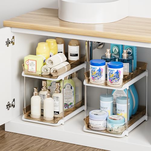 Delamu 2-Tier Multi-Purpose Bathroom Under Sink Organizers and Storage, Stackable Kitchen Pantry Organization, Pull Out Medicine Cabinet Organizer with Movable Dividers, Amber, 2 Pack - color: Amber, size: 2 Pack