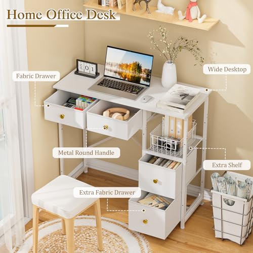 3IngSeagulls Small Computer Desk with 4 Fabric Drawers, Simple Writing Desk for Home Office, Compact Study Desks for Small Spaces, Kids Desk Study for Bedroom, White - color: White
