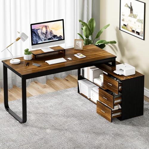 MaverickFurni 55" L Shaped Desk with Storage and Monitor Stand, Black | Home Office Desk with Drawers and Shelves for Work Writing Study, Reversible Corner Desk with Storage - color: Black