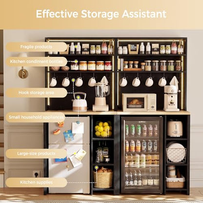 IRONCK Bakers Rack with Mini Fridge Space & Power Outlets, 69.3" Coffee Bar Station with LED Lights, 7-Tier Kitchen Microwave Stand with Hooks & Wooden Backboard, Space-Saving Utility Organizer, Black