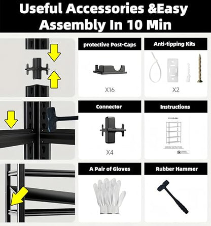 6 Tier Metal Shelving Unit, Adjustable Storage Shelves, 84" H x 55" W x 24" D Heavy Duty Garage Shelves for Warehouse, Basement, Kitchen, Pantry, Living Room, Black (6T 84 * 55 * 24) - size: 6T 55" W x 24" D x 84" H