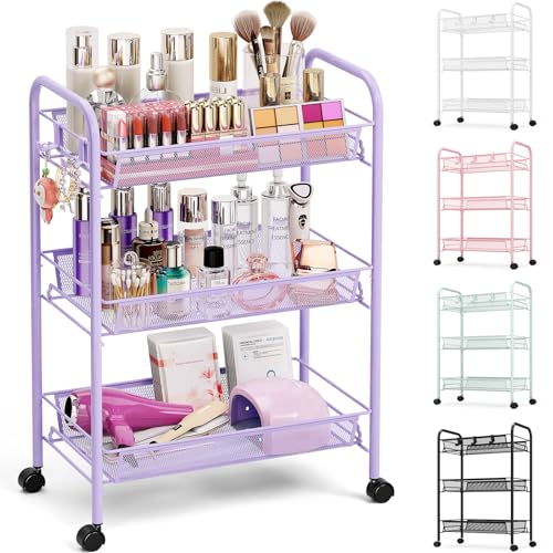 TOOLF 3 Tier Rolling Cart, Metal Utility Storage Cart with Wheels, Purple | 3 Hooks, Screwless Assembly, Trolley Organizer for Bathroom, Kitchen, Office, Nursery, Dorm, Laundry Room - color: Purple, size: 3-Tier