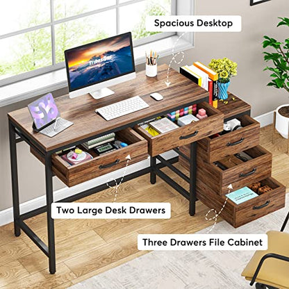 Tribesigns Computer Desk with 5 Drawers, Home Office Desks with Reversible Drawer Cabinet Printer Stand, Industrial PC Desk with Storage, Rustic Study Writing Table Workstation for Small Spaces - color: Rustic Brown