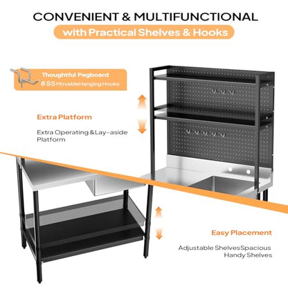 VINGLI 67'' 304 Stainless Steel Commercial Sink, Freestanding Utility Sink Table with Drainboard, Adjustable Shelves,Pegboard for Hanging Tools, Heavy Duty Prep Sink for Kitchen Garage Laundry Room