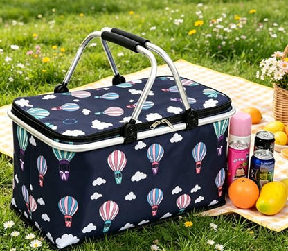 Upgrade Shopping Bag Picnic Basket 2 Layers of Internal Pockets Leak-Proof Insulated Cooler Bag Bag Collapsible Shopping Basket Folding Grocery Basket Bag for Picnic Travel(Black Balloon) - color: Black Balloon