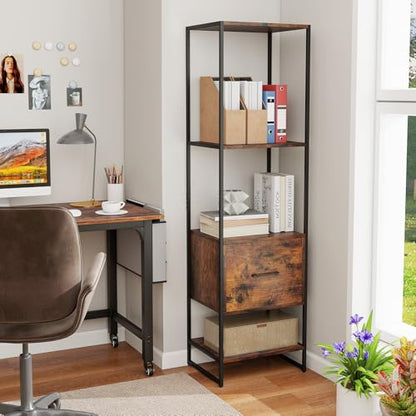 Giantex 5-Tier Bookshelf with Drawer Set of 2, Narrow Bookcase w/Open Shelves & Metal Frame, Modern Storage Organizer Shelving Unit, Freestanding Display Rack for Bedroom Living Room - color: Rustic Brown+black