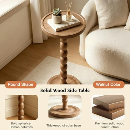 Round Side Table, Small End Table for Small Spaces with Solid Wood Leg, Accent Nightstand, Coffee Table for Living Room, Bedroom, Conference Room, Hallway, Home Office, Light Walnut - color: Light Walnut