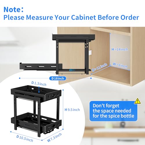 Pull Out Spice Racks for Inside Cabinets, 2 - Tier Cabinet Spice Rack Organizer, Height Adjustable Vertical Spice Rack for Cabinet, Kitchen, Pantry, Cupboard (7.5''Wx10.8''Dx9.2''H, Metal Black) - size: 7.5''Wx10.8''Dx9.2''H,2 Tier