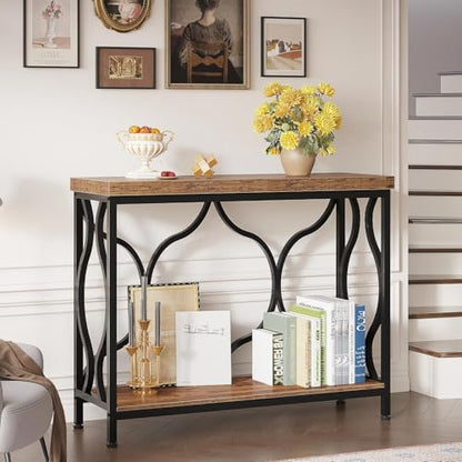 IBF 39.4" Narrow Console Table, Farmhouse Entryway Table in Living Room Hallway Foyer Entrance, Industrial Wood Metal Sofa Table Entry way Behind Couch Tables with 2-Tier Storage Shelves, Rustic Brown - color: Rustic Brown Oak, size: 39 Inch