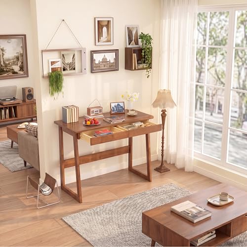 100% Solid Wood Writing Desk - Mid Century Modern Desk, Home Office Desks with Drawers, Walnut Vintage Desks, Laptop Computer Work Study Table for Bedroom, Living Room & Office