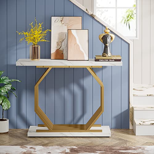 Tribesigns Gold Console Table, Faux Marble Entryway Table Narrow Sofa with Geometric Metal Base, 40 Inch Modern Accent Entrance for Living Room, Hallway, Foyer, White and Gold - color: White