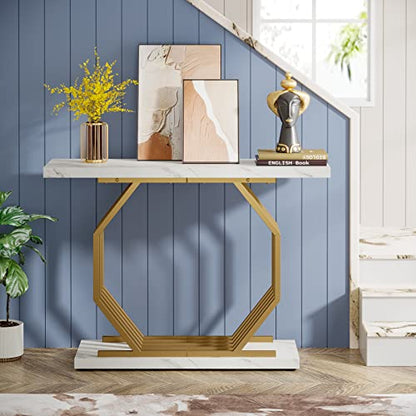 Tribesigns Gold Console Table, Faux Marble Entryway Table Narrow Sofa with Geometric Metal Base, 40 Inch Modern Accent Entrance for Living Room, Hallway, Foyer, White and Gold - color: White