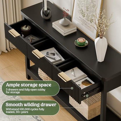 Fluted Console Table, 51 Inch Entryway Table with 3 Drawers | Scandi farmhouse look with quiet full-extension slides, open lower shelf, profile for hallway, entry, foyer or behind sofa. - color: Black