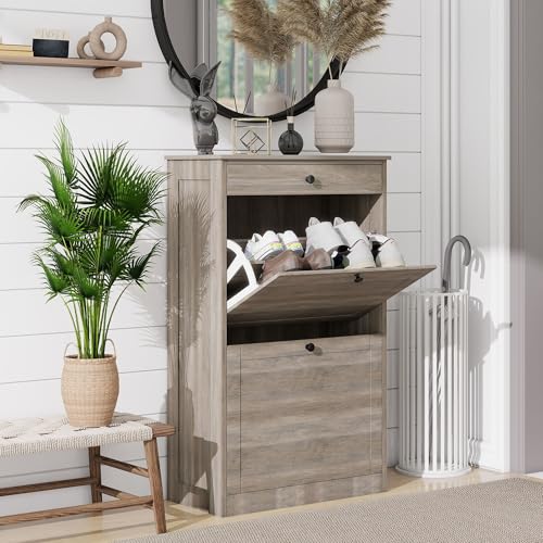 Shoe Cabinet with 2 Flip Drawers, Freestanding Shoe Storage Organizer | Narrow Shoe Rack with Drawers, Slim Shoe Cabinet for Entryway, Closet, Hallway, Living Room, Rustic Gray - color: Rustic Gray, size: Medium