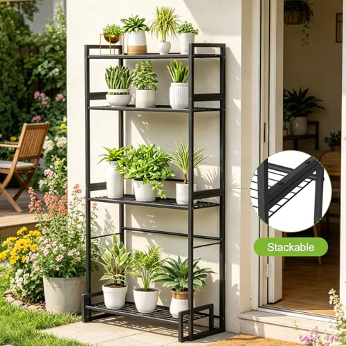 VyGrow Plant Stand, 4 Tier Widened Stackable Tiered Plant Stand, Upgraded Scalable Heavy Duty Tall Plant Shelf for Indoor Outdoor, Garden, Display Shelves, Flower Pot Holder, Black - color: Black 9.84"W