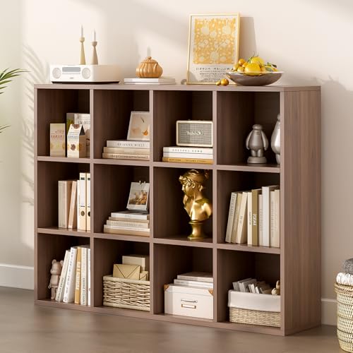 OSCHF 12-Cube Storage Shelf Bookcase - Wooden 3-Tier Floor Standing Open Bookshelf for Home and Office, Cuby Orgainzer, Walnut - color: Walnut, size: 12-Cube