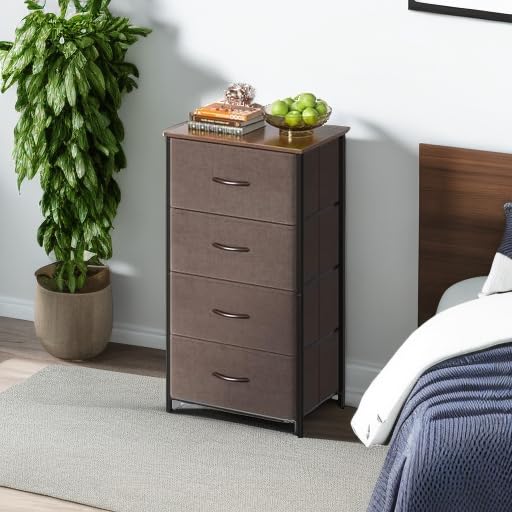 AODK Small Dresser for Bedroom with 4 Storage Drawers, Brown | Dressers Chest of Drawers Fabric Dresser with Sturdy Steel Frame, Dressers for Closet with Wood Top - color: Brown