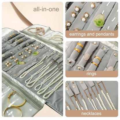 Velvet Travel Jewelry Case Roll Bag Organizer for Necklace Bracelet Earrings Ring (Black) (grey and black) - color: Grey and Black