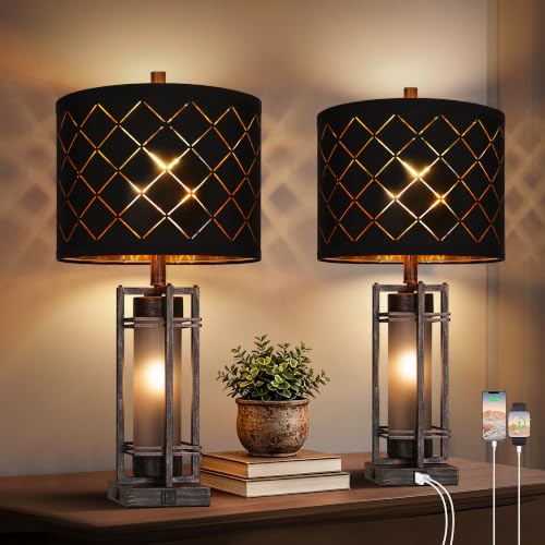 WIHTU 27'' Modern Table Lamp with Nightlight, Metal Bedside Lamps,Black ORB | Black Grid Shade, Square Base, LED Bulbs Included E26 Base, with USB Port, Rocker Switch, Desk Lamps for Living Room, Bedroom - color: Black ORB